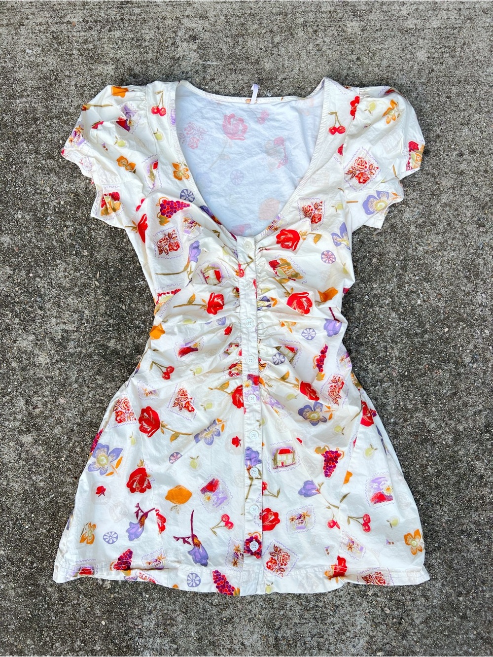 Free People Oakley Mini Dress Fruit Floral Ruched Button Front Size S